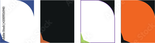 This abstract vector illustration features a set of four distinct panels each showcasing a large white curved shape with a contrasting color filling the remainder of the space. The design employs 