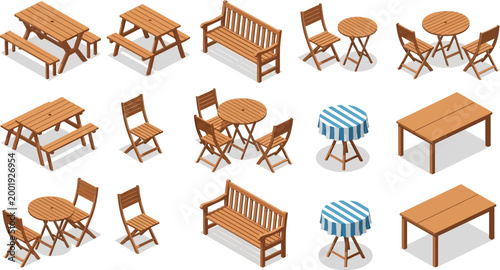 Isometric wooden outdoor furniture set featuring picnic tables benches and folding chairs for garden patio design vector illustration collection