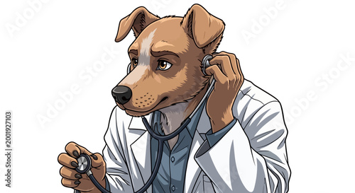 An anthropomorphic Jack Russell Terrier dog dressed as a doctor, wearing a white lab coat and blue shirt, holding a stethoscope to its ears with a thoughtful expression.
