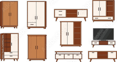 Set of modern wooden furniture for living room and bedroom interior design featuring cabinets and media consoles in vector format
