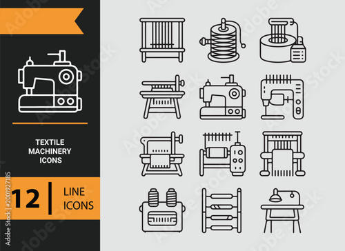 textile machinery outline icons for fabric production and industry