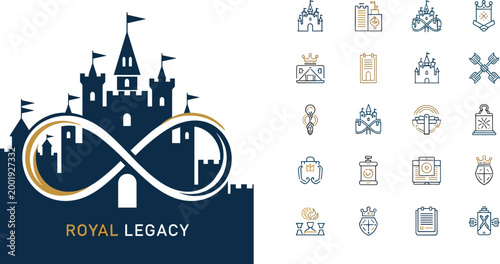 Royal Heritage and Legacy Icon Set, Elegant Vector Collection Featuring Castle Emblems, Crowns, Shields and Luxury Monarchy Symbol Concepts