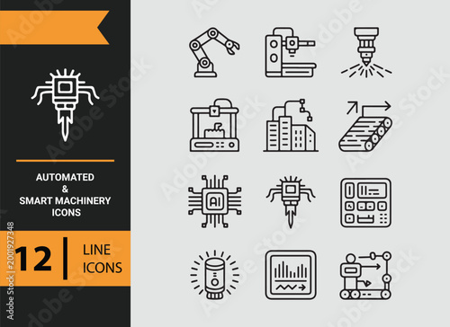 automated smart machinery outline icons for industrial automation technology