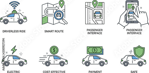 Smart Mobility and Autonomous Vehicle Icon Set, Flat Vector Collection Featuring Navigation, Payment Systems, Electric Cars and Safety Technology Concepts