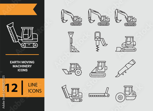 earth moving machinery outline icons for excavation and digging equipment