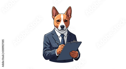 A professional dog in a business suit diligently writing on a clipboard with a pen, depicted as a cartoon illustration on a white background.
