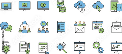 Cloud Computing and Data Management Icon Set, Flat Vector Collection Featuring Storage, Security, Communication and Digital Business Technology Concepts