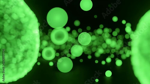 A captivating abstract image showcases a multitude of glowing green spheres suspended in a dark, atmospheric space, creating a mesmerizing visual effect.