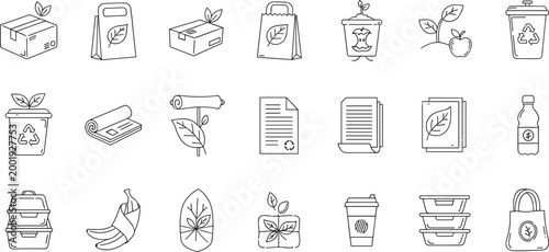 Eco Friendly Packaging and Sustainable Product Icon Set, Minimal Line Vector Collection Featuring Recyclable Materials, Organic Goods and Green Lifestyle Concepts