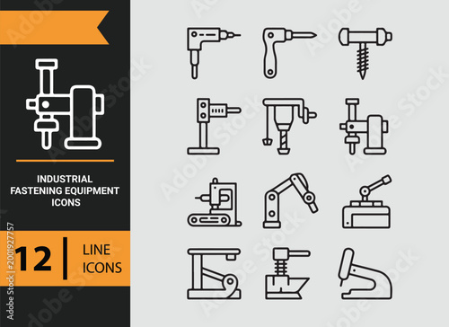 industrial fastening equipment outline icons for assembly and manufacturing