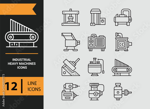 industrial heavy machines outline icons for factory and construction use