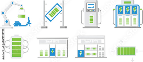 Electric Vehicle Charging and Battery Technology Icon Set, Flat Vector Collection Featuring Energy Storage, EV Stations and Renewable Power Concepts