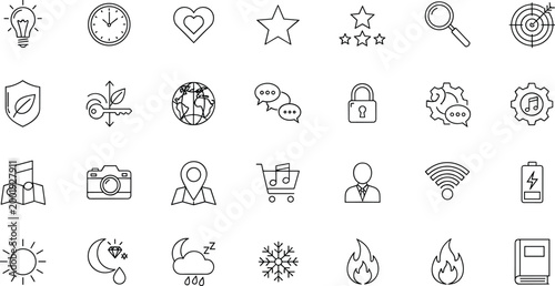 Lifestyle and Everyday Objects Icon Set, Minimal Line Vector Collection Featuring Weather, Navigation, Security, Shopping and General Utility Concepts