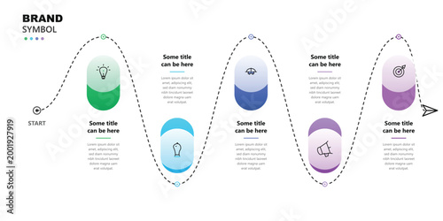 Wavy line process infographic with six steps and modern icons tracking a project journey from start to finish for business planning