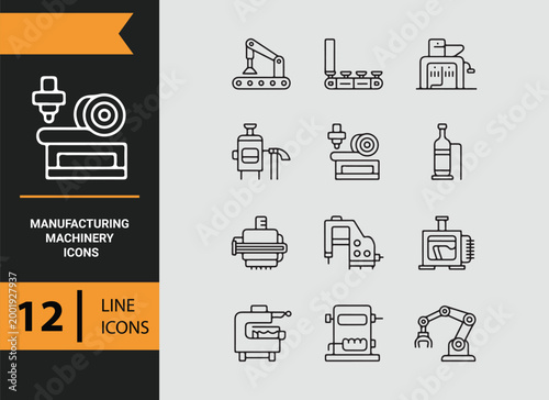 manufacturing machinery outline icons for factory production and industry