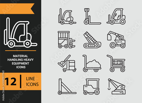 material handling heavy equipment outline icons for logistics and transport