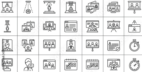 Online Meeting and Video Conference Icon Set, Minimal Line Vector Collection Featuring Webinar, Remote Work, Virtual Communication and Team Collaboration Concepts