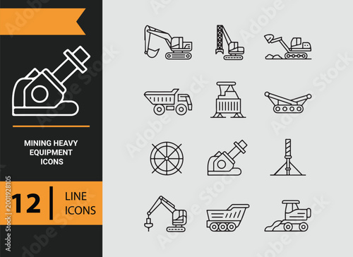 mining heavy equipment outline icons for excavation and drilling machines