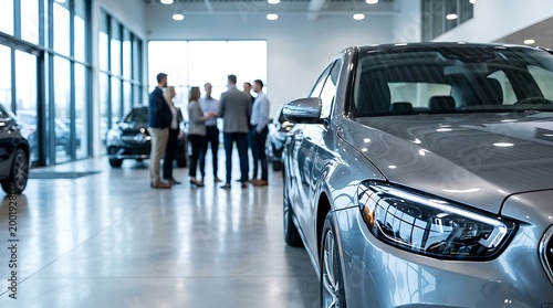 Modern car in a luxury dealership showroom with sales team and customers talking in the background