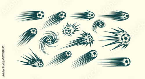 Soccer Ball Motion Icons Set with Fast Speed Trails Dynamic Energy Effects and Sport Graphic Design