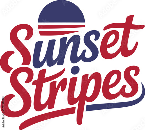 Sunset stripes typography logo featuring retro script font in red and blue with a stylized sun