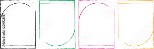Four artistic arched frames featuring a rough hand-drawn brush stroke texture. The set includes black green magenta and orange versions providing a rustic yet modern feel for creative design projects 