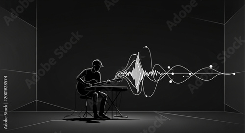 Musician Playing Guitar with Light Art Visuals.