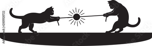 Two cats silhouette pulling rope taut, energy burst between them, competition and conflict concept, playful or serious tug of war.