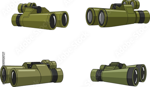 Professional military green binoculars set shown from different angles in flat vector style isolated on white background for outdoor adventure design