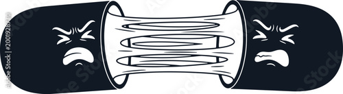 Two distressed cartoon capsules pulling apart with elastic band in middle, strain and tension concept, medical or abstract theme.