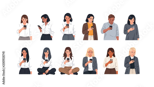 Collection of diverse people portraits individuals with smartphones in various attire