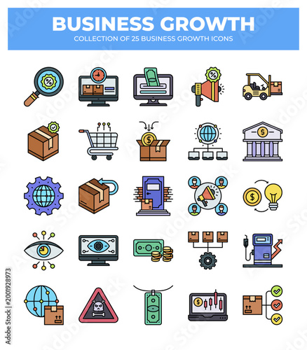 Business Growth: Collection of 25 Essential Icons for Marketing. Finance. and E-commerce