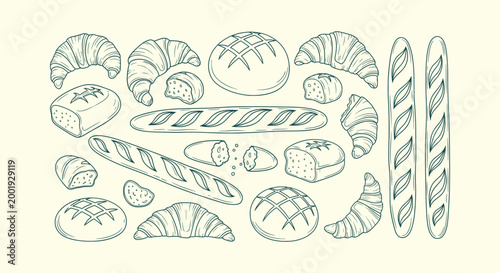 Hand Drawn Bread and Pastry Illustration Set with Baguettes Croissants and Loaves in Line Art Style