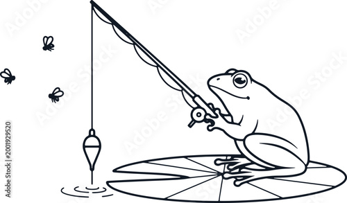 Frog on lily pad fishing with rod and lure, flies buzzing around on grey background.