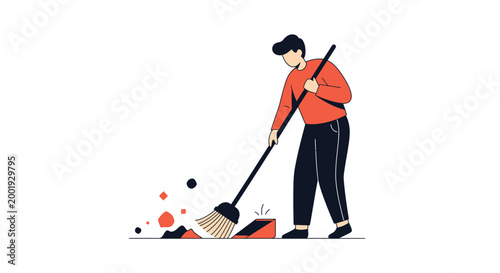 A person sweeping the floor with a colorful broom in a minimalist illustration