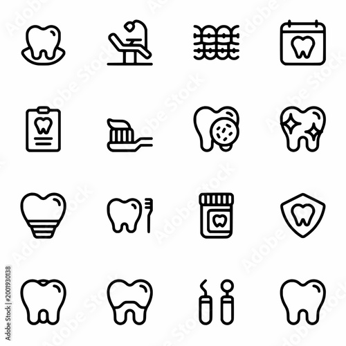Dental Care Icon Set Collection with Toothbrush Toothpaste Floss Dentist Tools and Oral Hygiene Symbols Vector Illustration