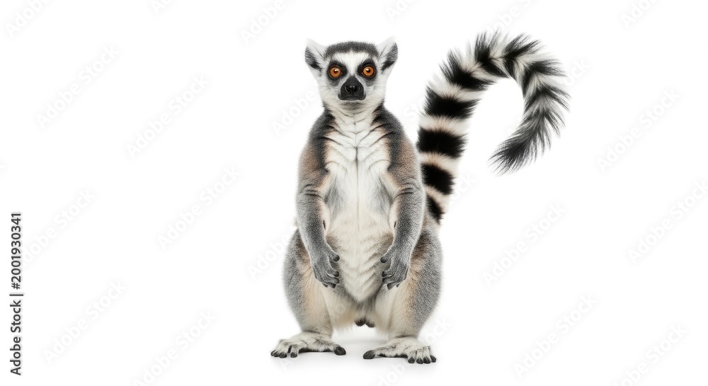 Fototapeta premium A ring-tailed lemur stands upright on a white background. The lemur has distinctive black and white striped fur, a long bushy tail, and bright orange eyes.