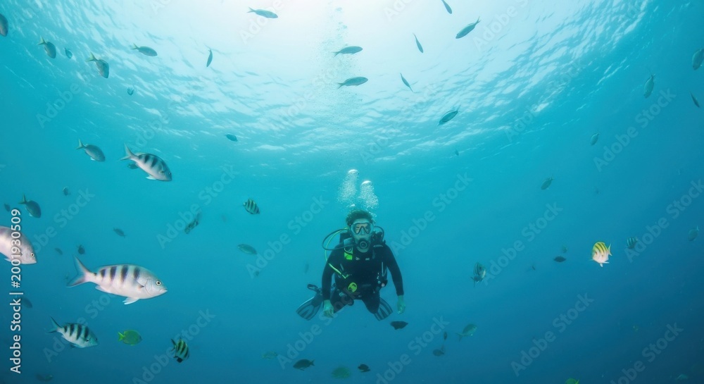 Fototapeta premium Solo diver explores vibrant underwater world with diverse fish