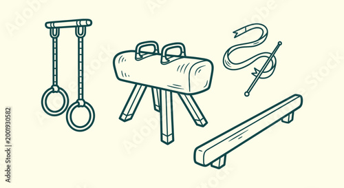 Gymnastics Equipment Line Art Illustration Set with Rings, Pommel Horse, Ribbon, and Balance Beam