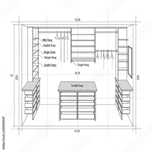 Walkin closet interior design with shelves, drawers and hanging rods