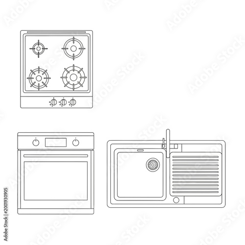 Kitchen appliances and sink top view line icons set