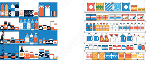 Flat vector illustration set of organized supermarket shelves with grocery products and household goods