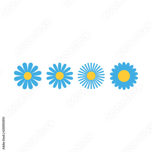 Minimalist blue daisy flower icon set with yellow center on transparent background for garden nature logo design vector elements.