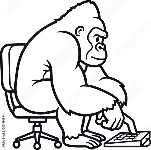 Gorilla sitting office chair working computer keyboard typing flat design vector illustration isolated on white.