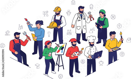 Cartoon vector illustration of a business people team group standing together as workers and individuals