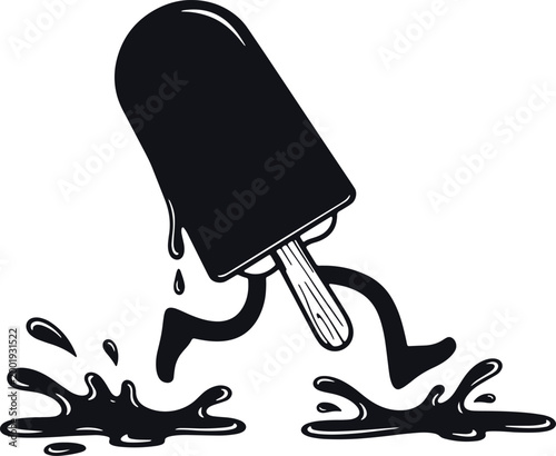 Melting popsicle running, cartoon character, drips of liquid, playful motion, isolated transparent background.