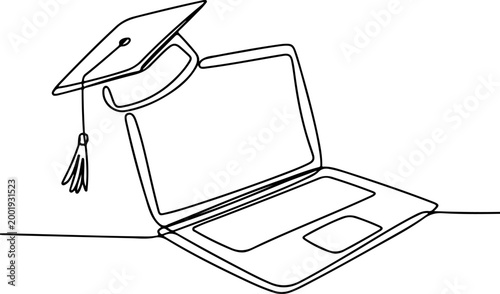 Minimalist Continuous Line Art of Laptop with Graduation Cap – Online Education, E Learning and Academic Success Illustration