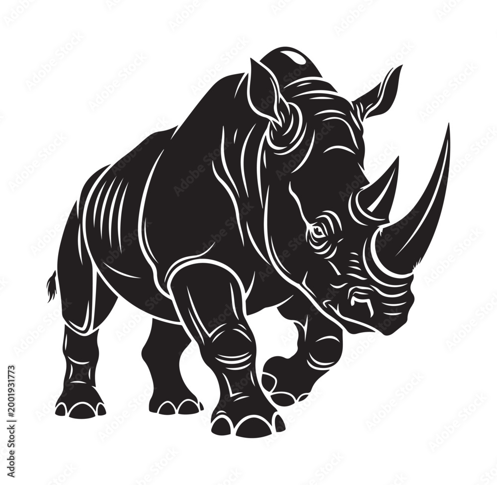 Fototapeta premium Dynamic Black and White Rhinoceros Illustration - Majestic Wildlife Graphic Design Depicting a Powerful Walking Rhino