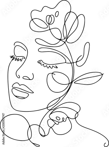 Minimalist continuous line face with floral elements abstract woman portrait botanical design modern single line drawing elegant outline illustration