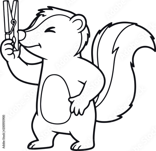Skunk holding clothespin, funny animal cartoon, mischief, curious expression, black and white illustration.